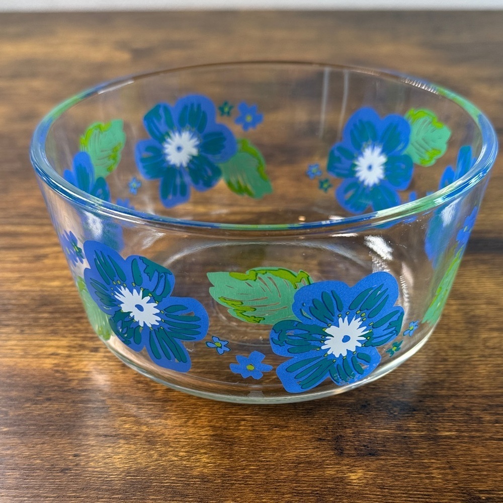 Floral Glass Bowl with Blue and Green Design